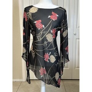 Vixen Black Red FloralPaisley Sheer 3/4 Sleeve Asymmetrical Tunic Top Size Small